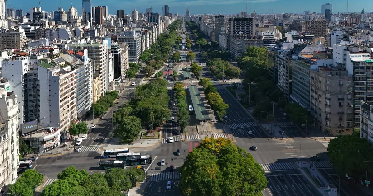 Aerial view of Avenida 9 de Julio in Buenos Aires, Argentina, the safest big capital in Latin America in 2026