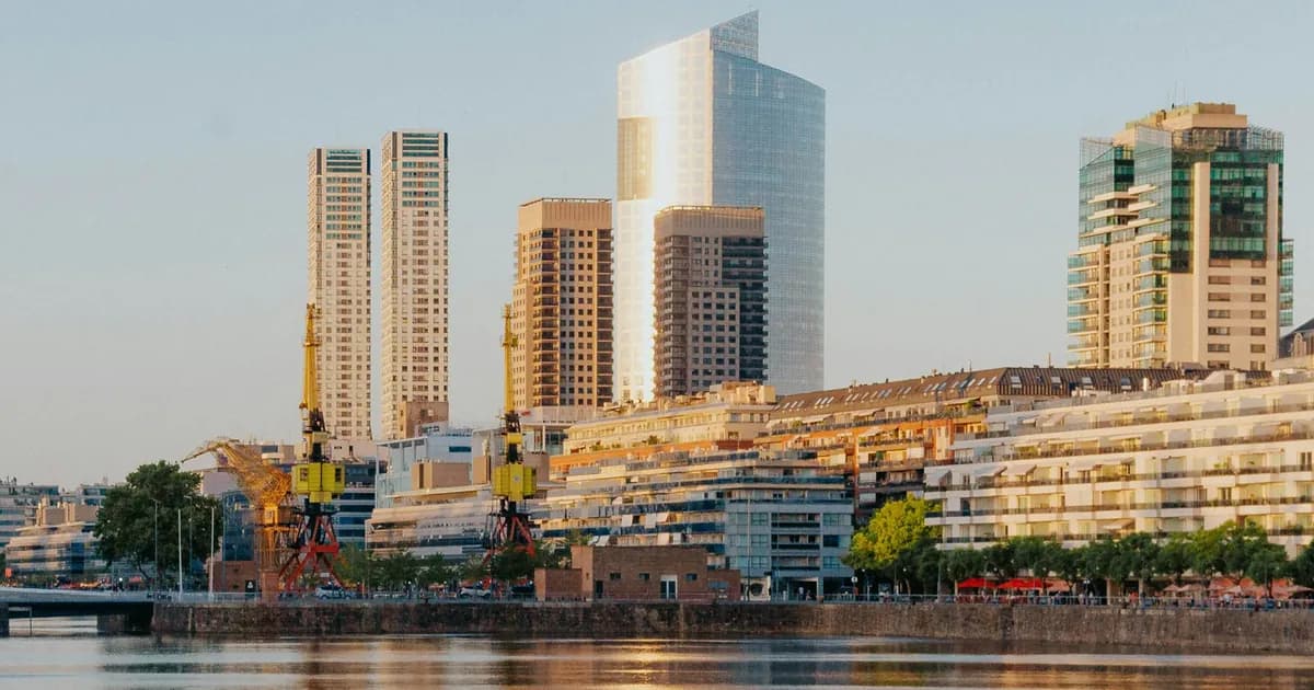 Puerto Madero towers and dock cranes on the waterfront in Buenos Aires, Argentina