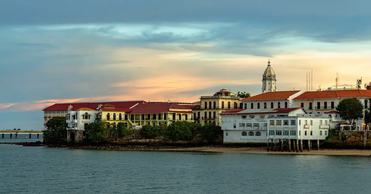 Casco Viejo on the waterfront in Panama City at sunset