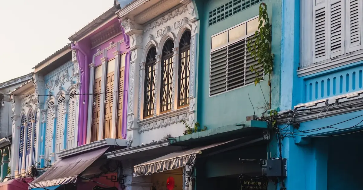 Colorful Sino-Portuguese shophouses in Phuket Old Town, Thailand