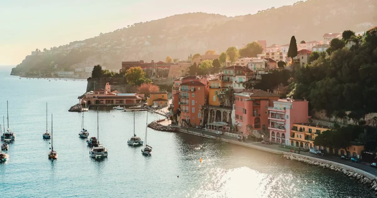 Villefranche-sur-Mer harbor at golden hour on the French Riviera, France