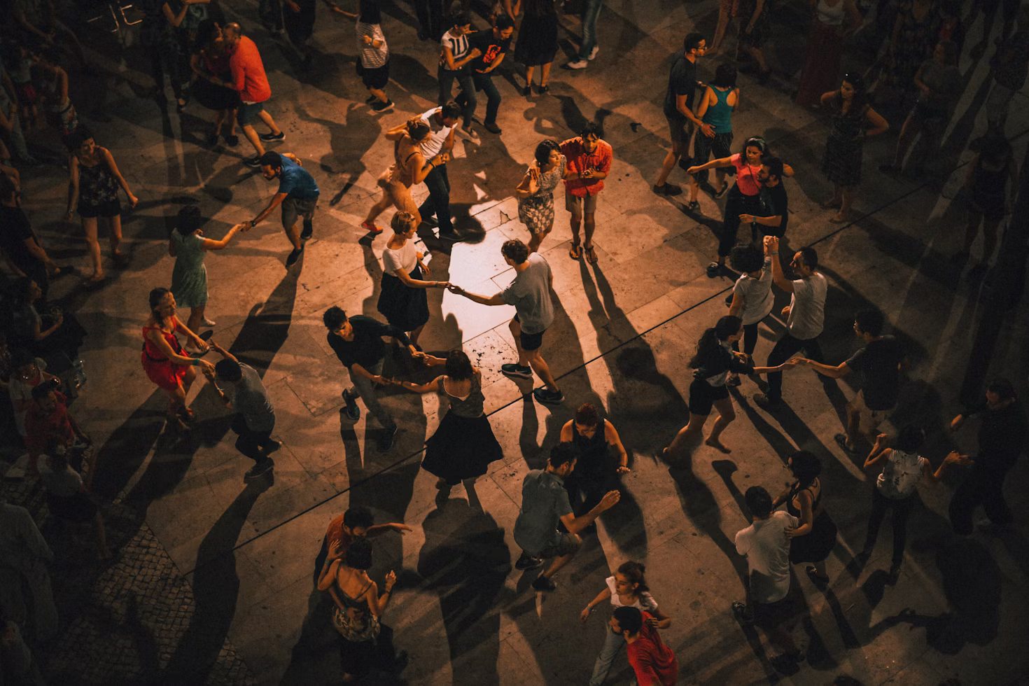 Dancers at a tango milonga in Buenos Aires, Argentina, seen from above