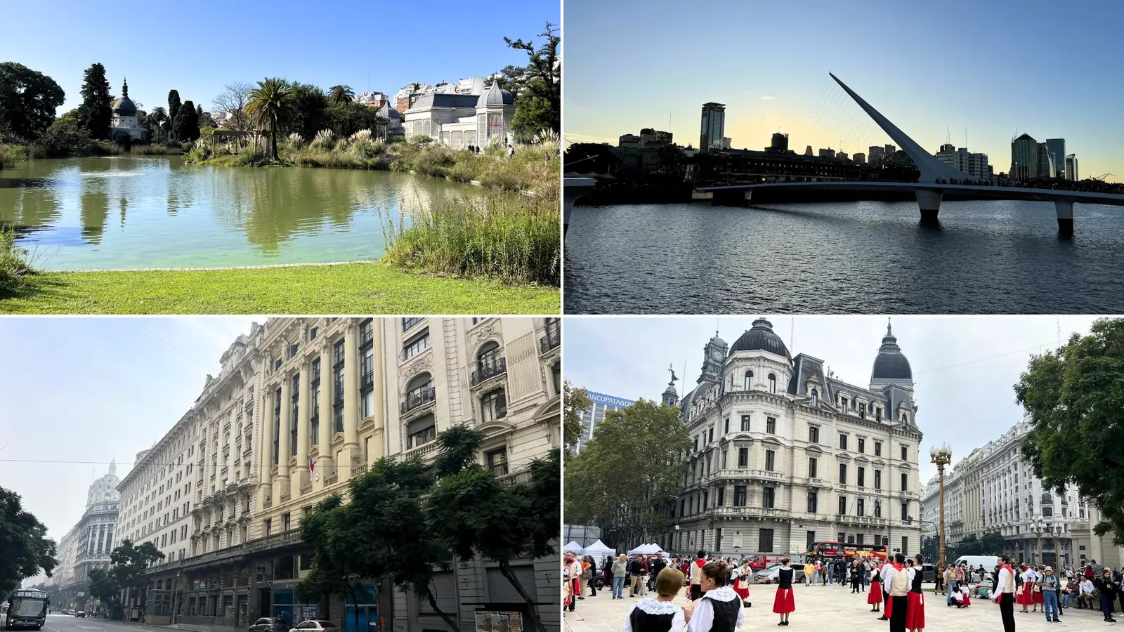 Four photos from James Nuveen's 2024 trip to Buenos Aires: a park lake, the Puente de la Mujer in Puerto Madero at dusk, early 1900s buildings along a downtown avenue, and folk dancers in a downtown plaza
