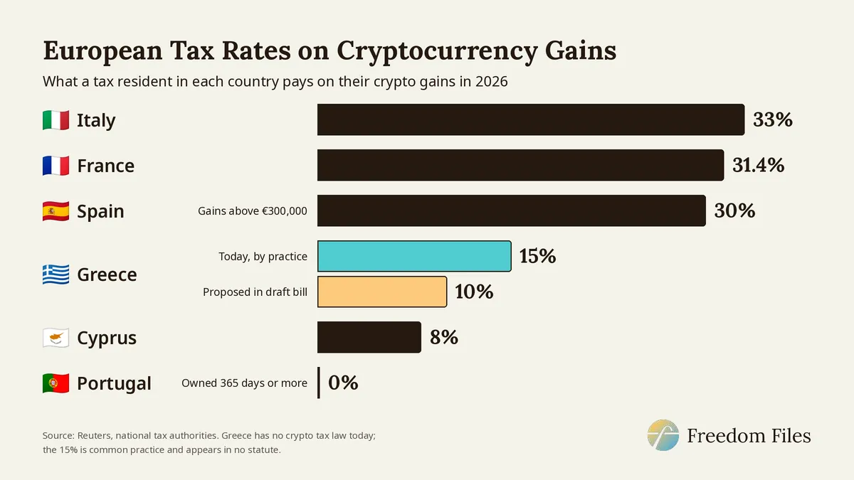 Crypto gains tax rates in Europe, 2026: Italy 33%, France 31.4%, Spain 30%, Greece 15% today by practice and 10% proposed, Cyprus 8%, Portugal 0%