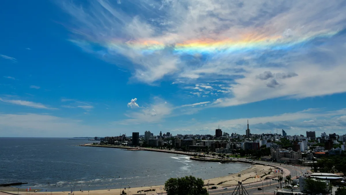 Montevideo, Uruguay skyline and the Rambla along the Río de la Plata beach under a blue sky